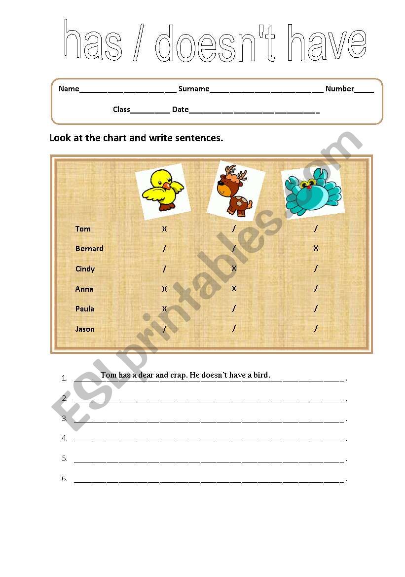 has/doesnÂ´t have worksheet