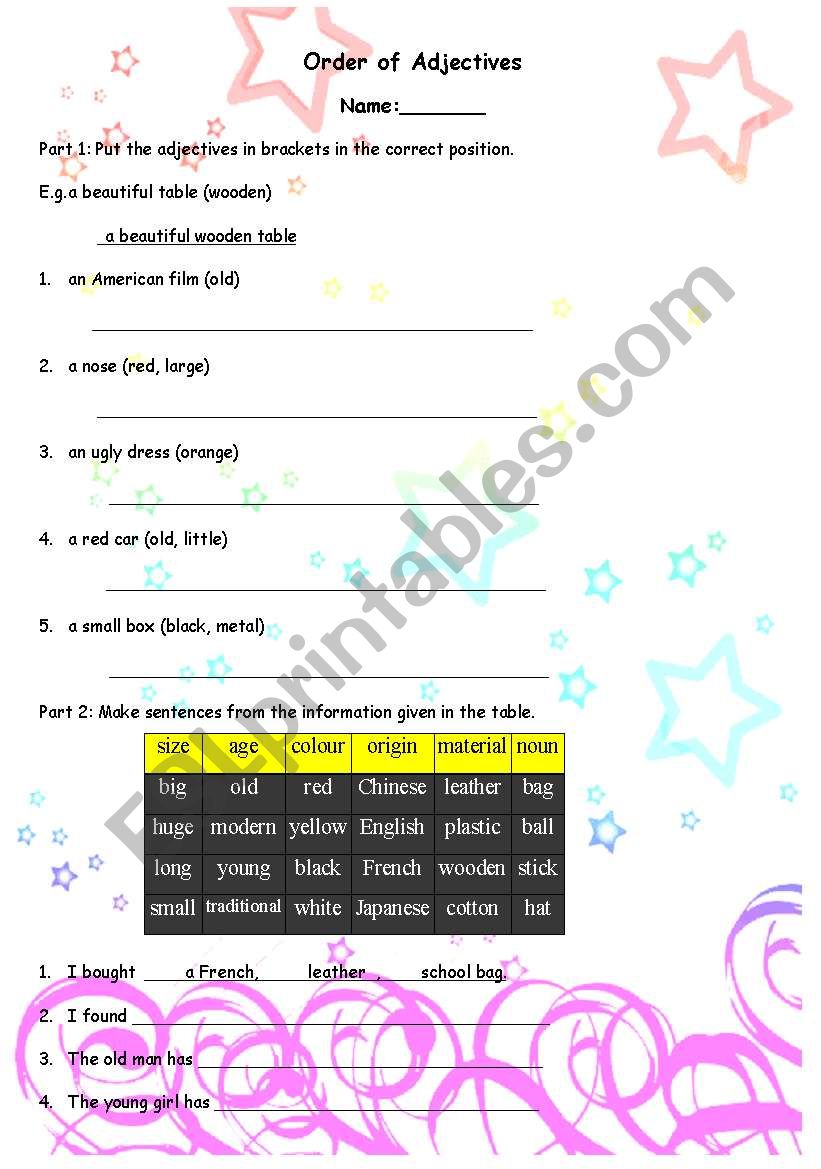 order of adjectives worksheet