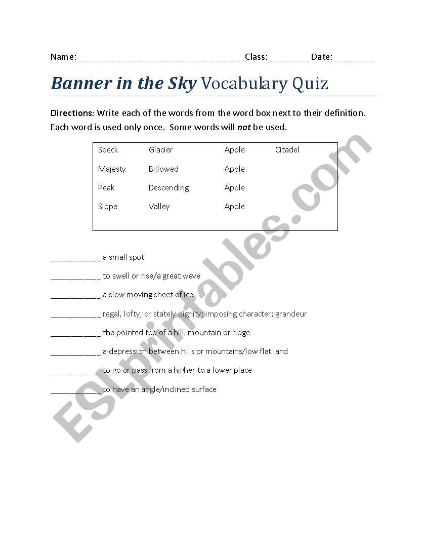 Banner In The Sky ~ Vocabulary Quiz