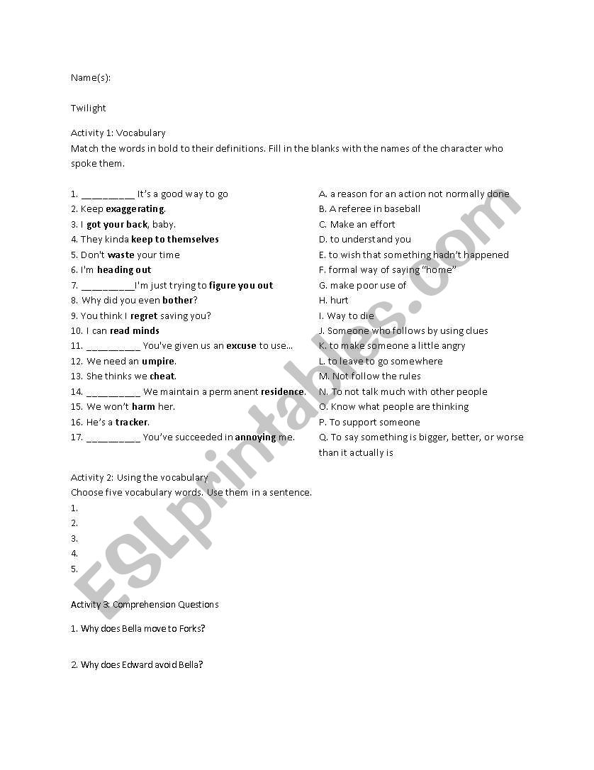 Twilight Movie workheet worksheet