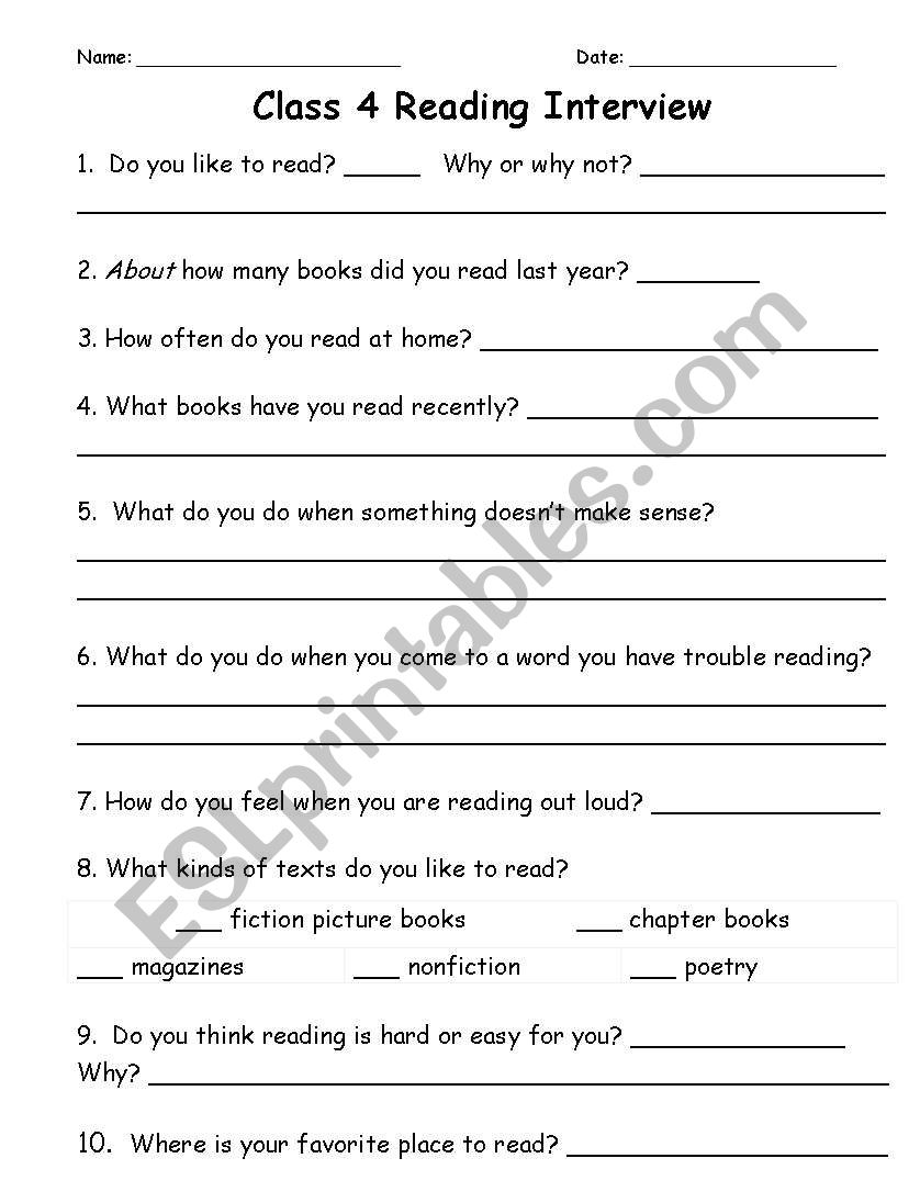 Reading Questionnaire worksheet