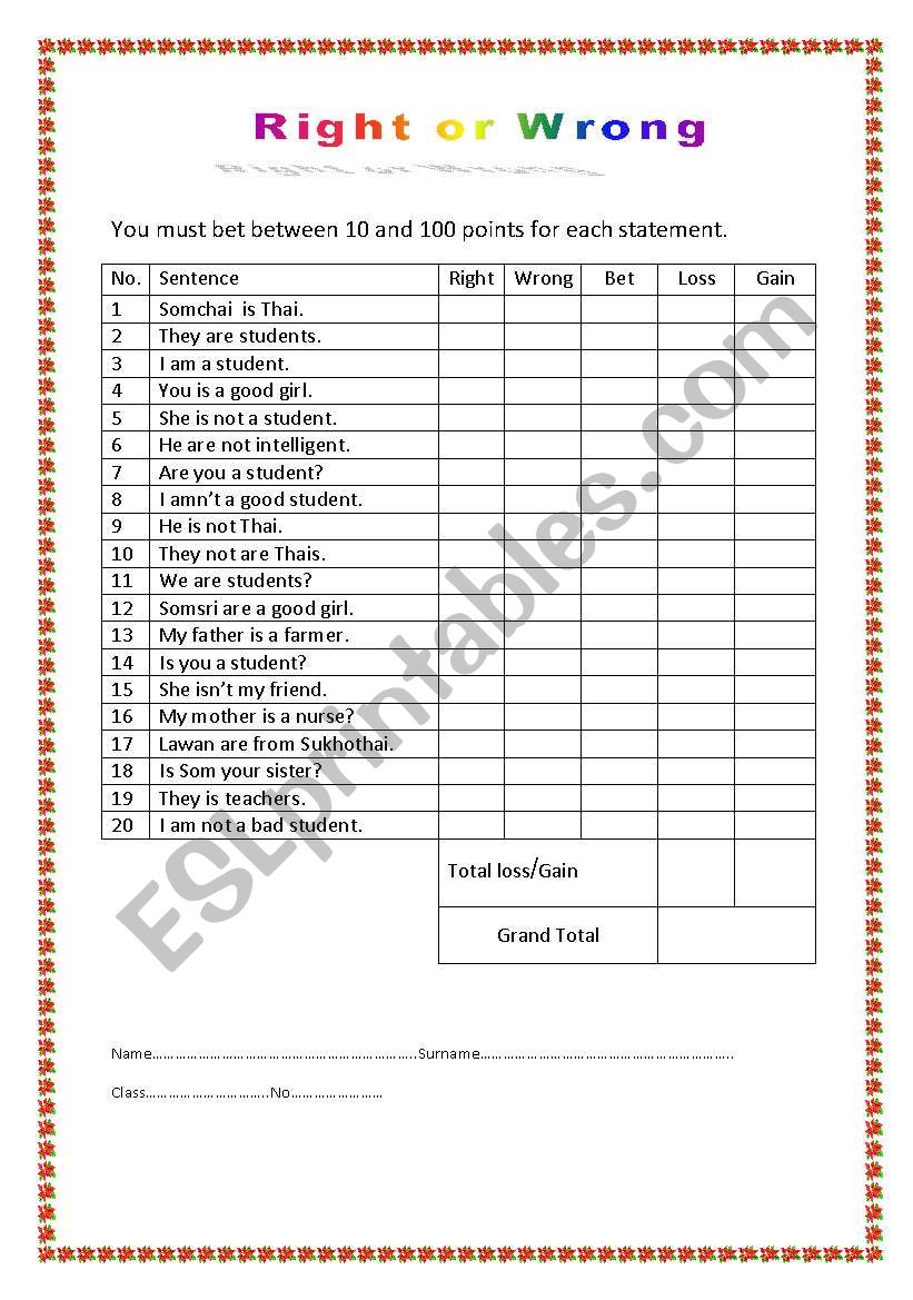 Right or Wrong Game worksheet