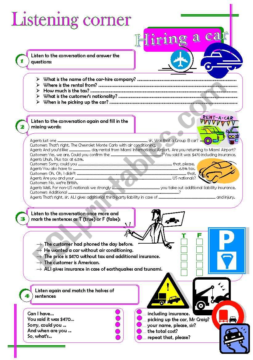 Listening corner - Hiring a car (4 exercises**answer key**tapescripts)