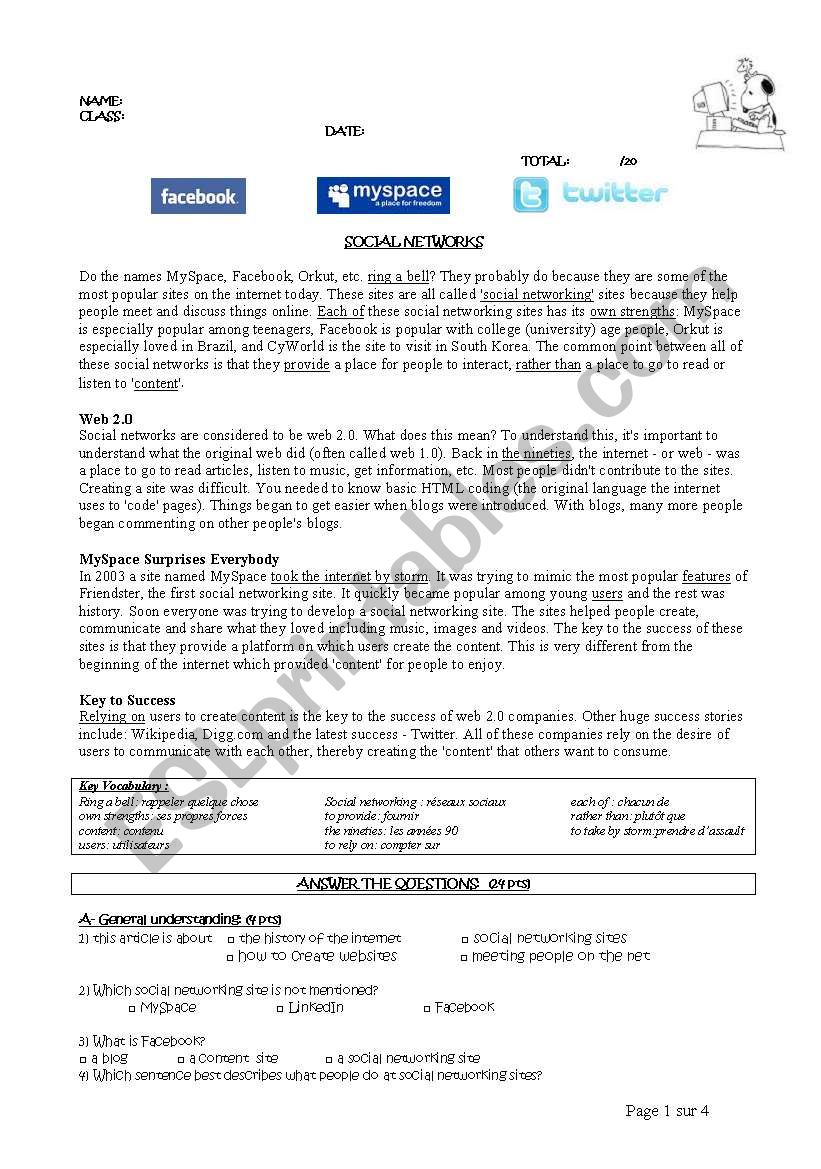 social networking sites worksheet