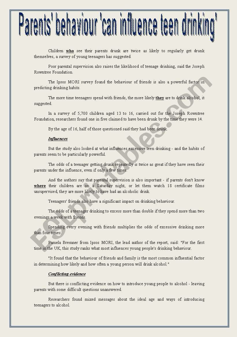 PARENTSÂ´ BEHAVIOUR CAN INFLUENCE TEEN DRINKING /ADDICTIONS