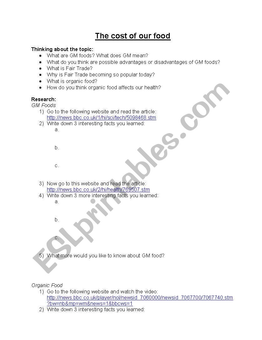 Cost of our Food worksheet