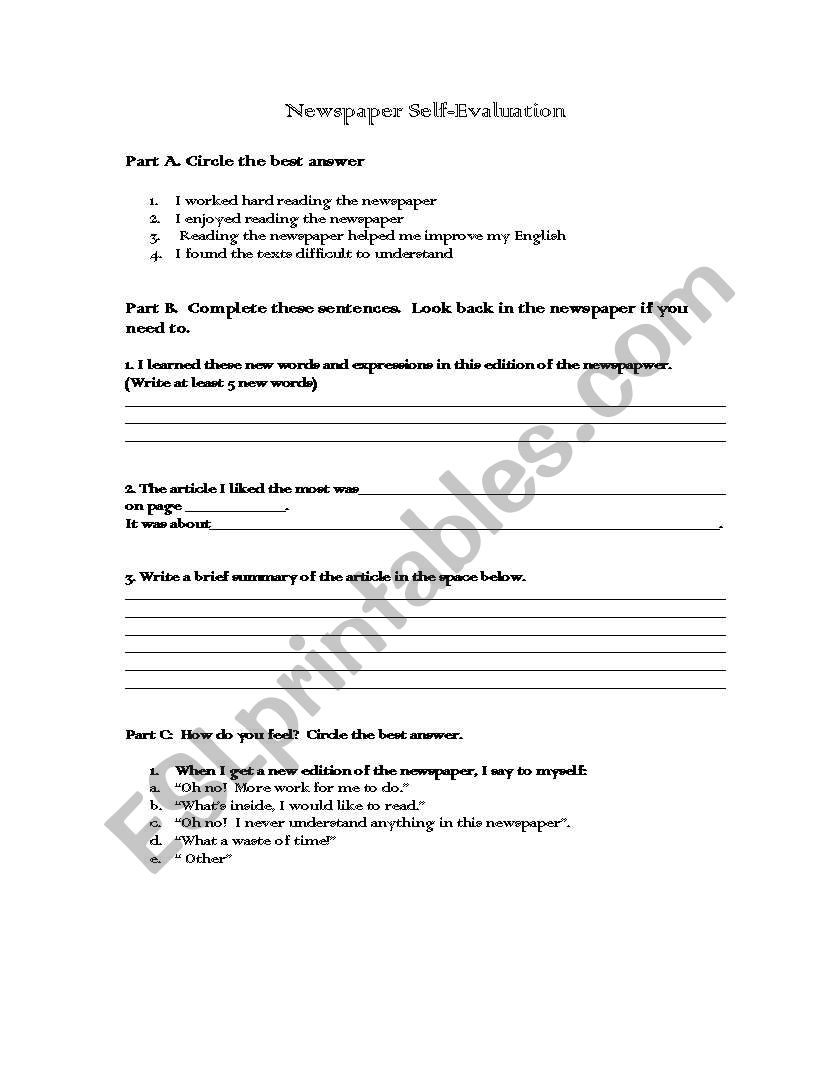 Newspaper self evaluation worksheet