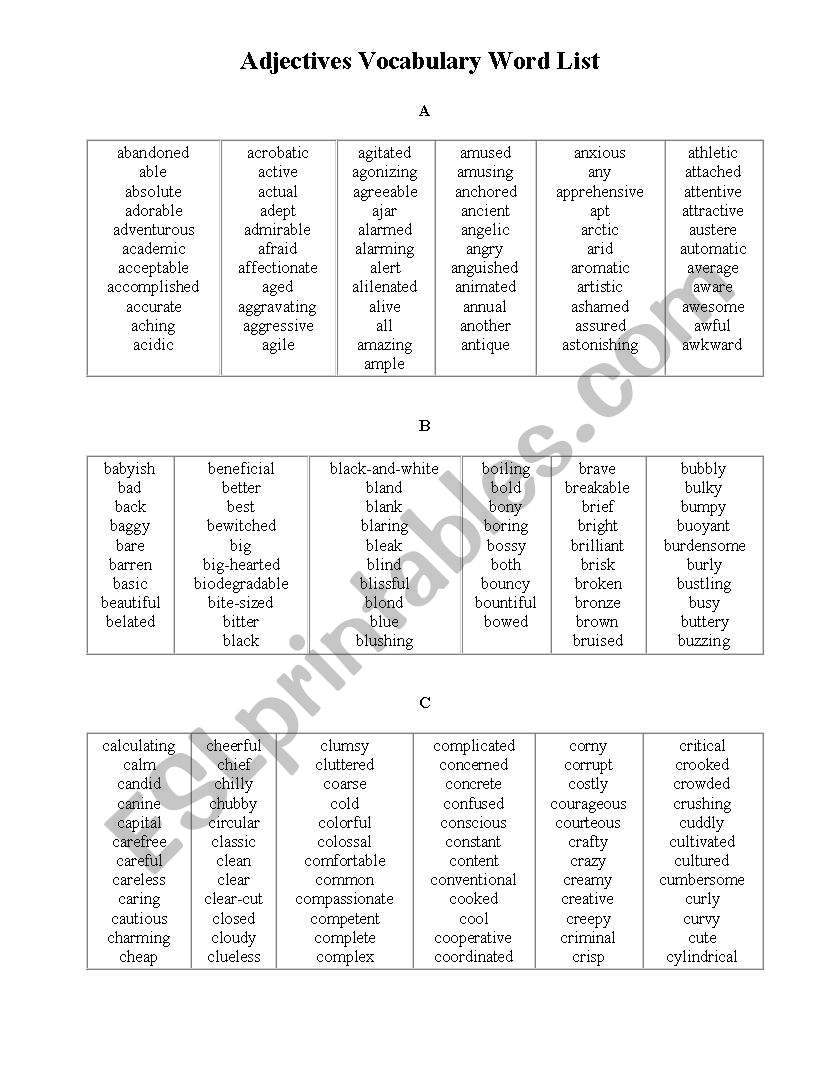 Adjectives List worksheet
