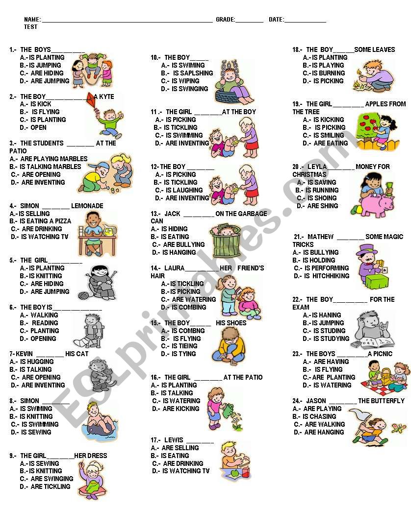 PRESENT PROGRESSIVE  MULTIPLE CHOICE TEST