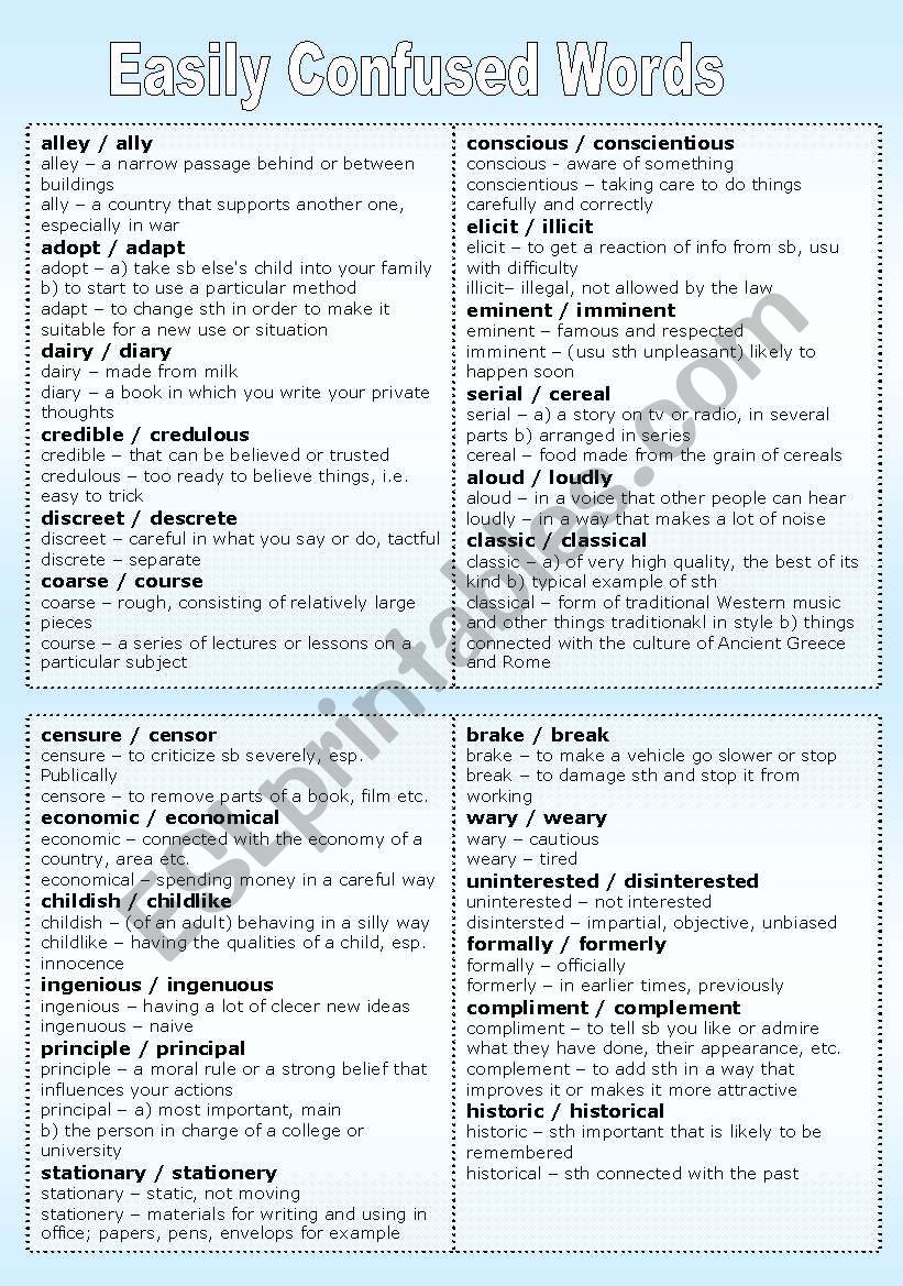 Confusable pairs of words worksheet