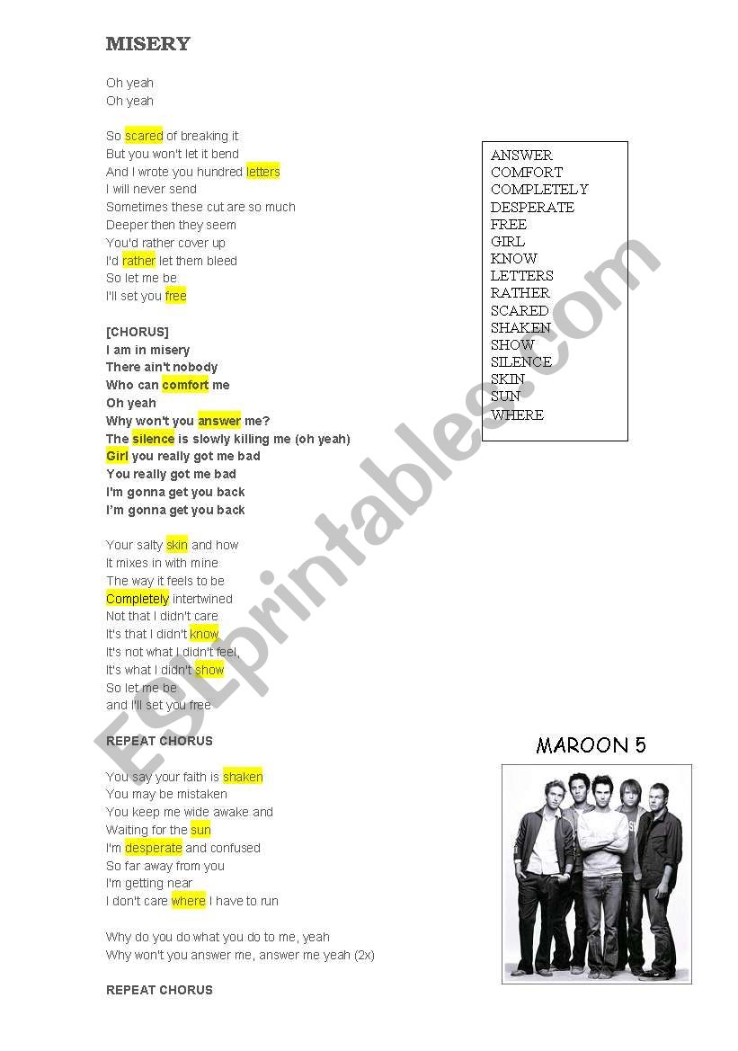 misery by maroon 5 worksheet