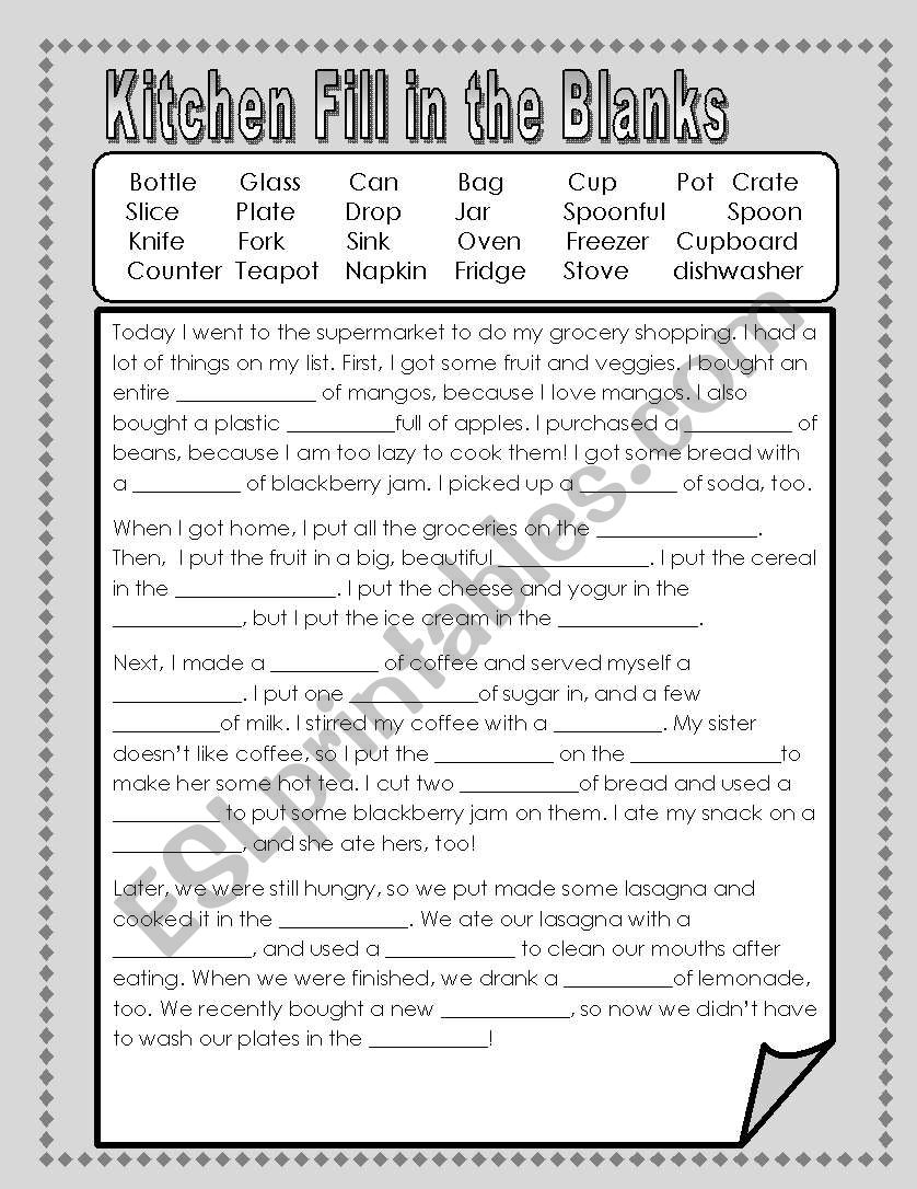 Kitchen Fill in the Blanks worksheet