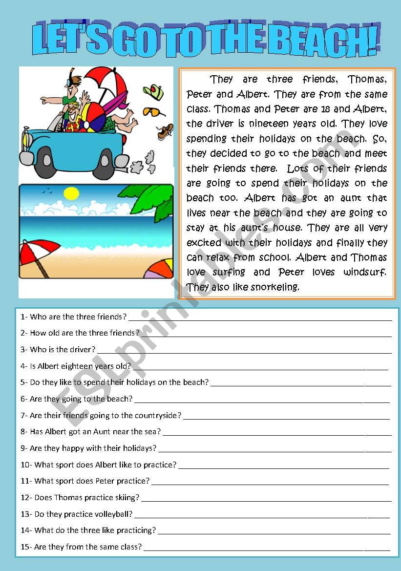 LET´S GO TO THE BEACH (READING AND COMPREHENSION) ESL worksheet by sandytita
