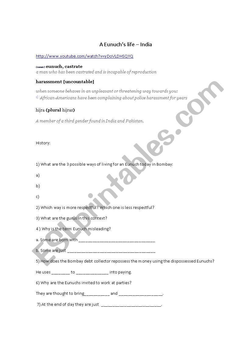 The Eunuchs life worksheet