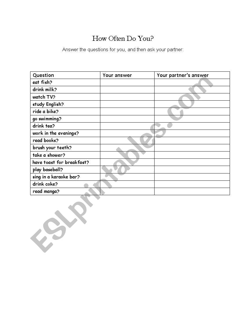 Communicative worksheet for adverbs of frequency/time aderbs