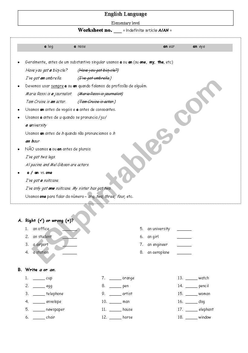 A/An worksheet