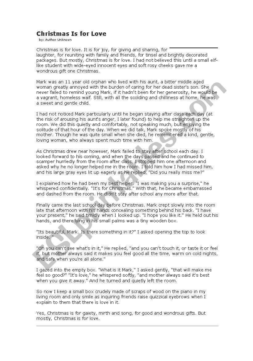 Xmas is for love worksheet