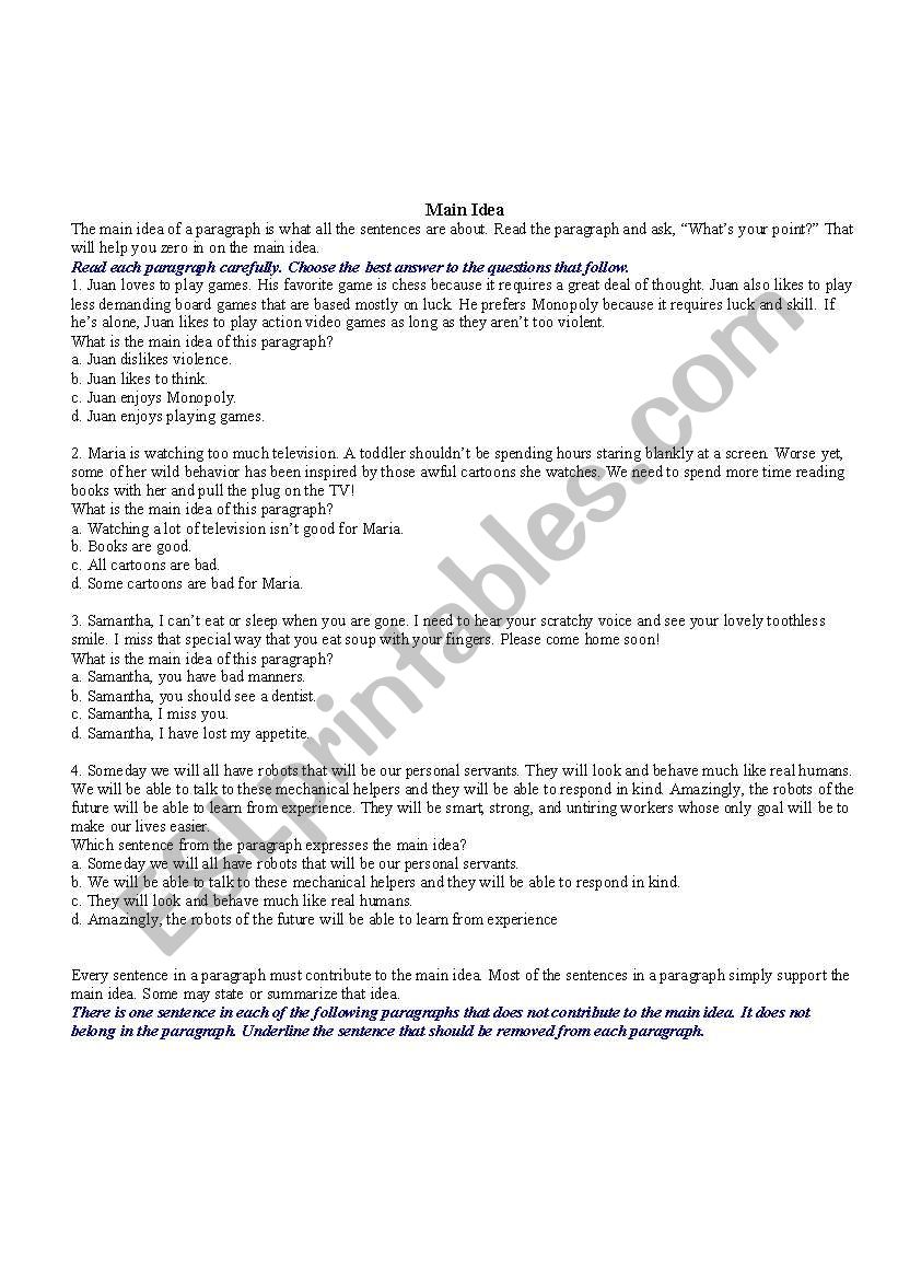 Main Idea worksheet