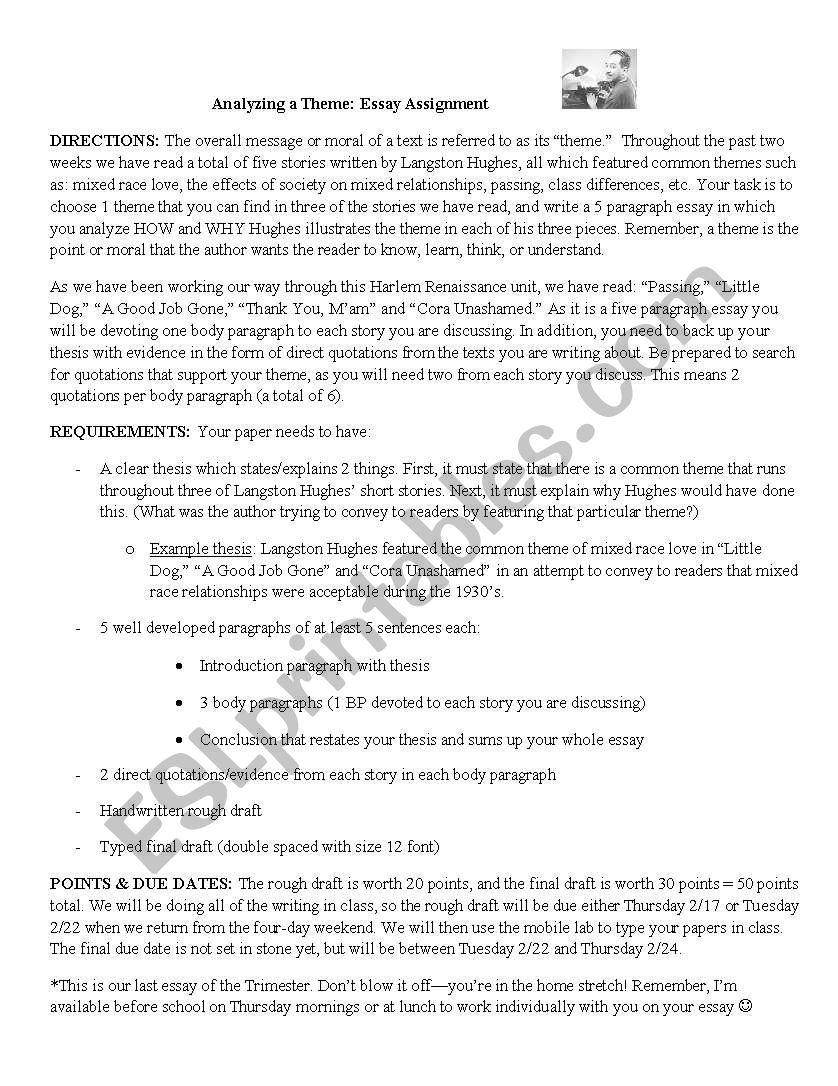 Langston Hughes Theme Essay worksheet