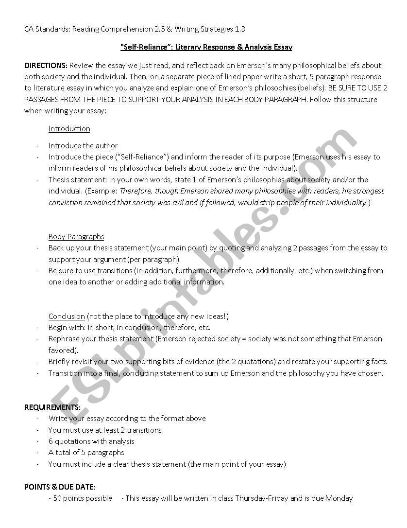 Self-Reliance: Response to Literature Essay