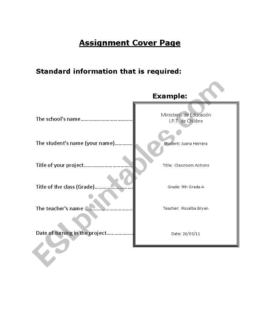 Cover Page for assignments worksheet