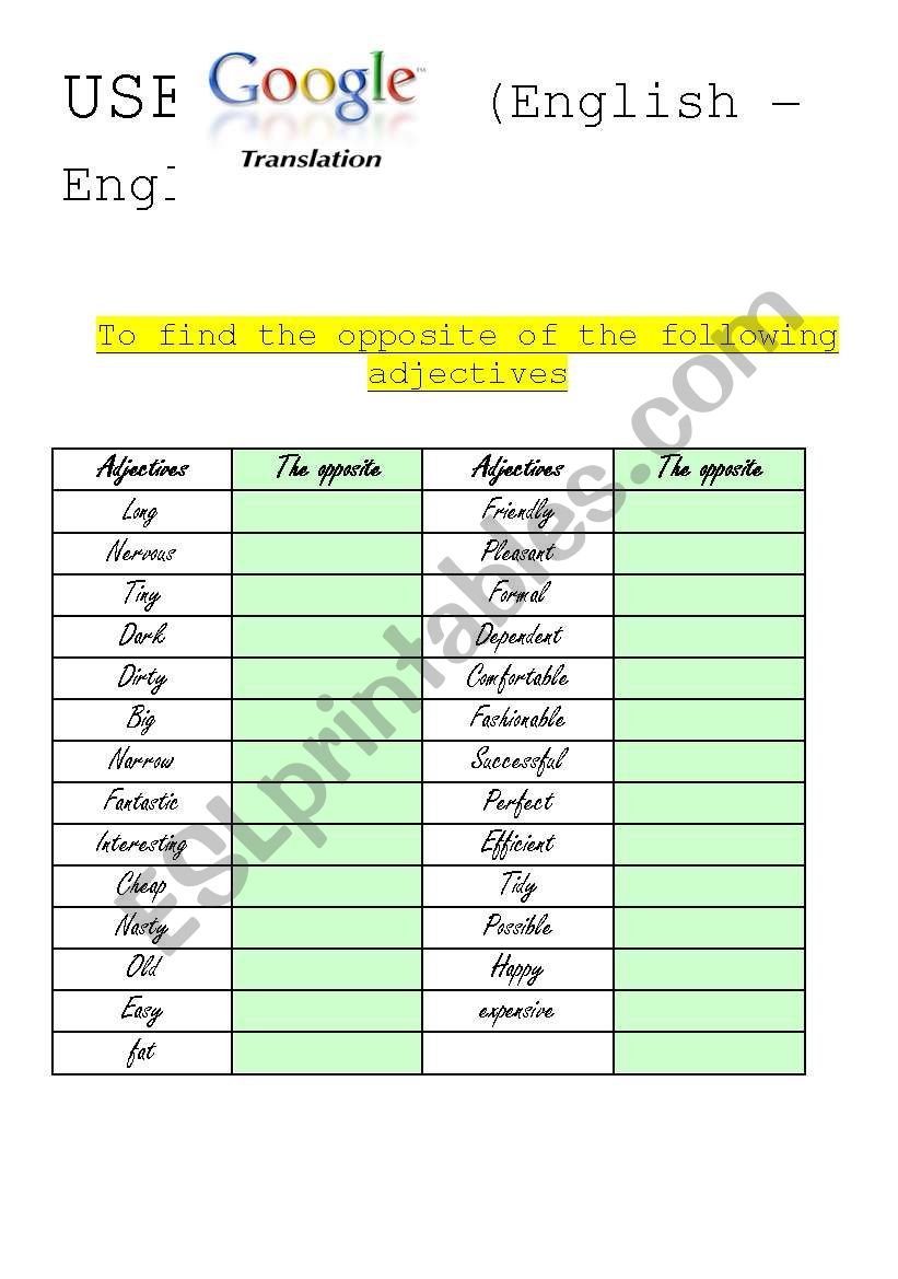 the opposite worksheet