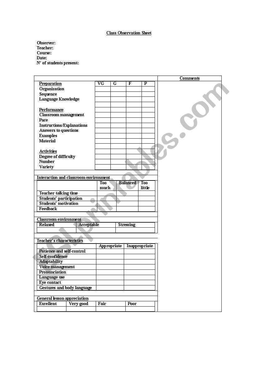 class observation sheet worksheet