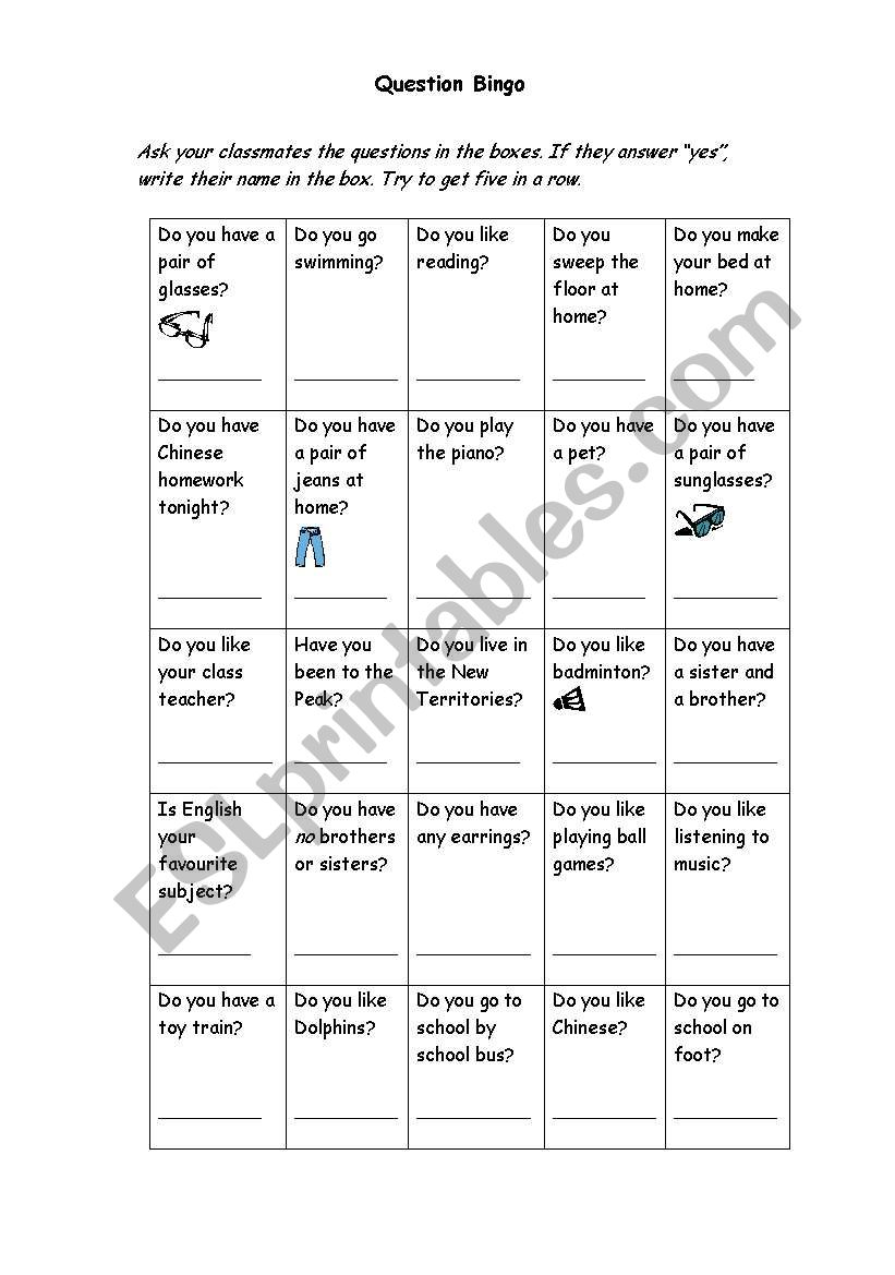 Question Bingo worksheet