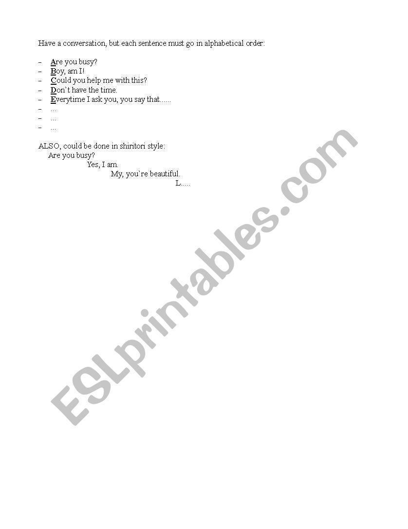 Alphabetical conversation worksheet