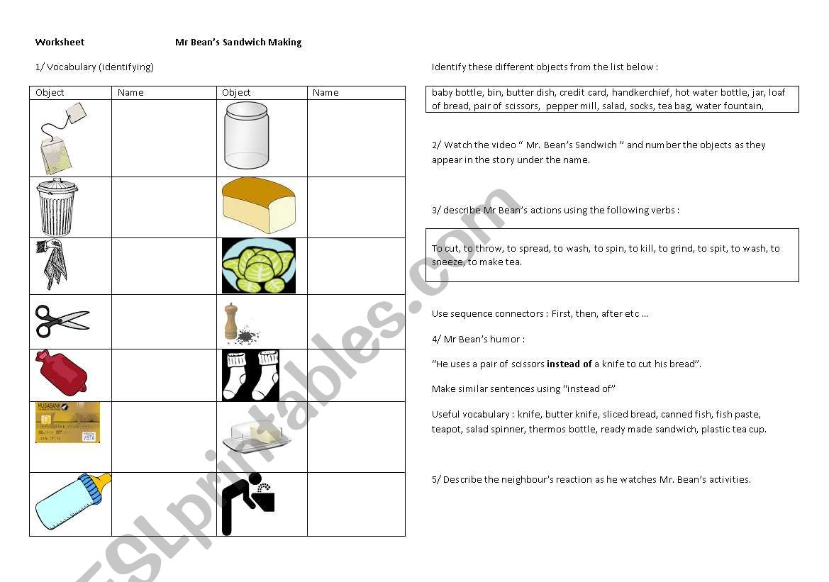 Worksheet for the video : Mr. Beans makes a sandwich