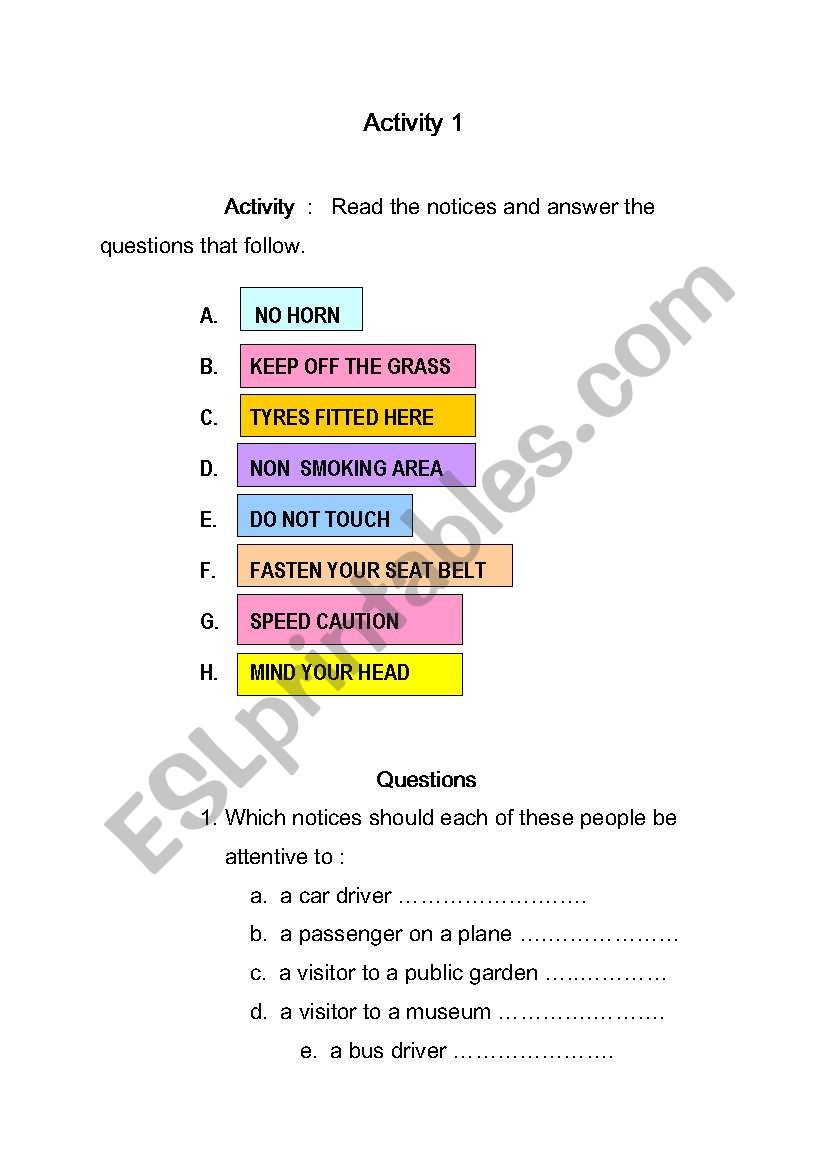 reading signs exercise worksheet