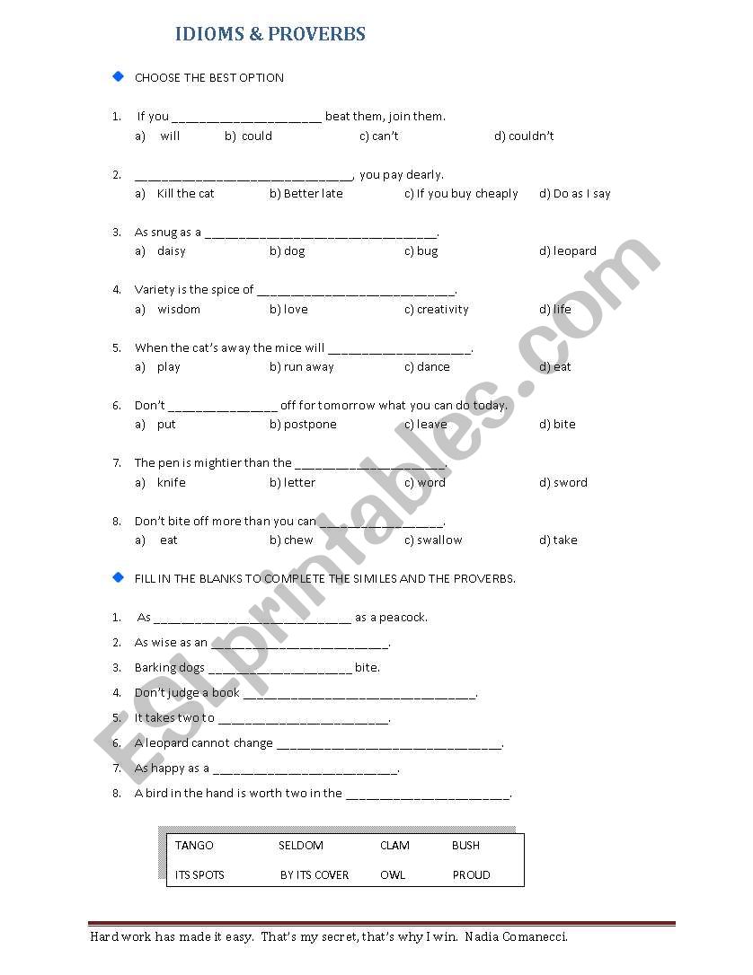 Idioms and proverbs worksheet