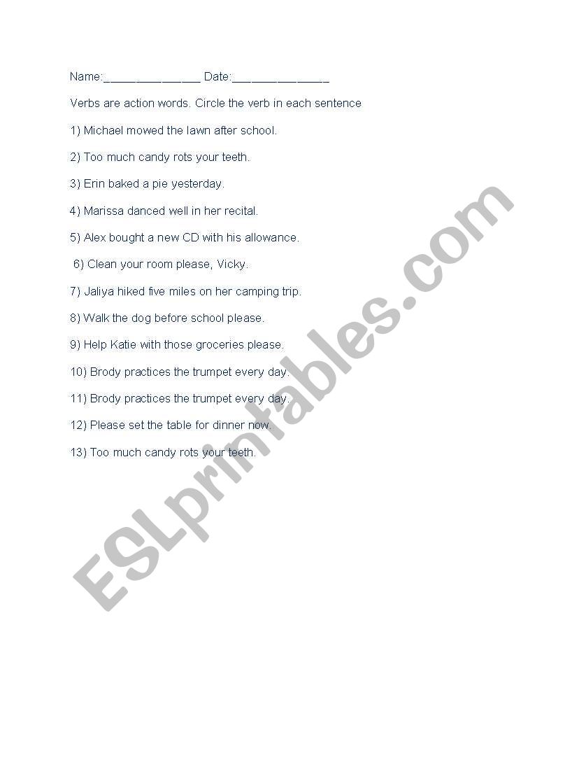 Verbs Quiz worksheet