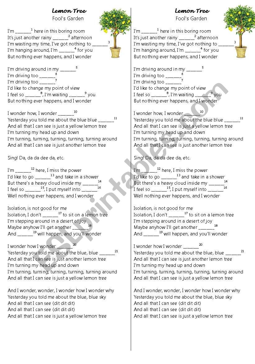 SONG: Lemon Tree (present continuous, easy vocabulary),key included