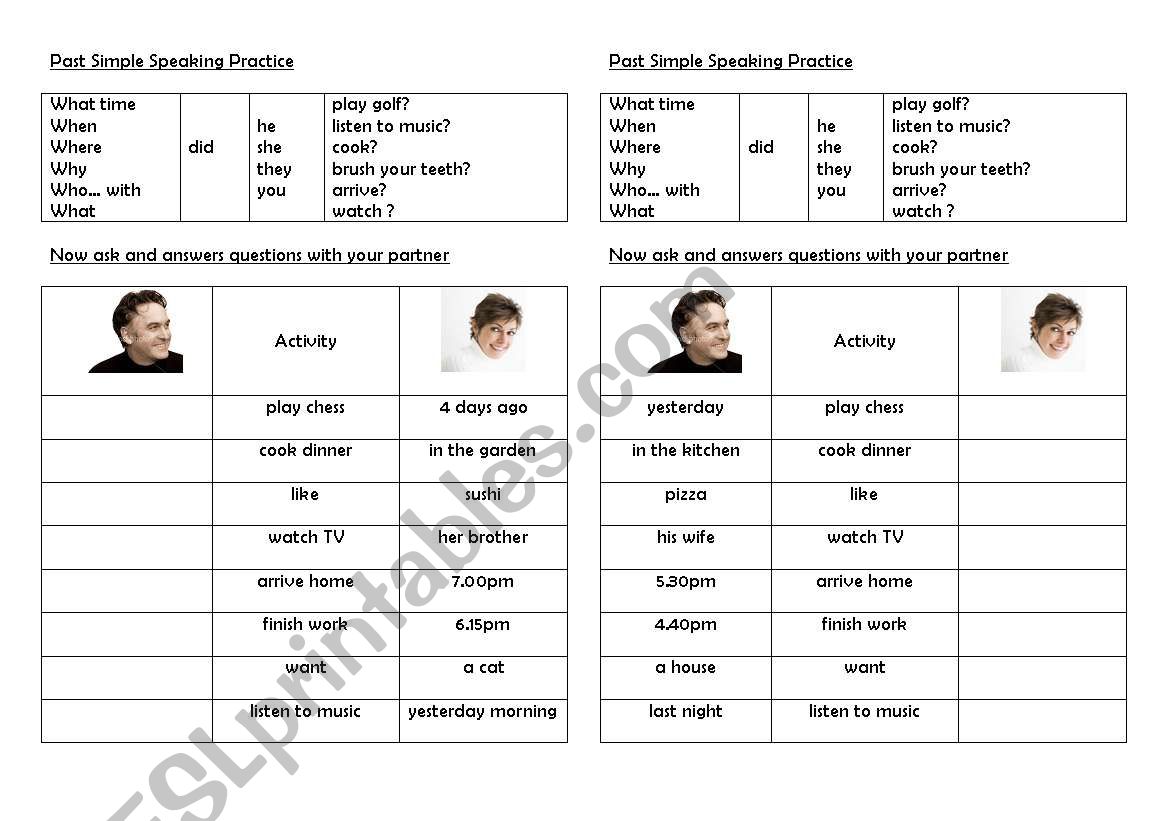 Past Simple Pairs Gapfill Speaking Practice 