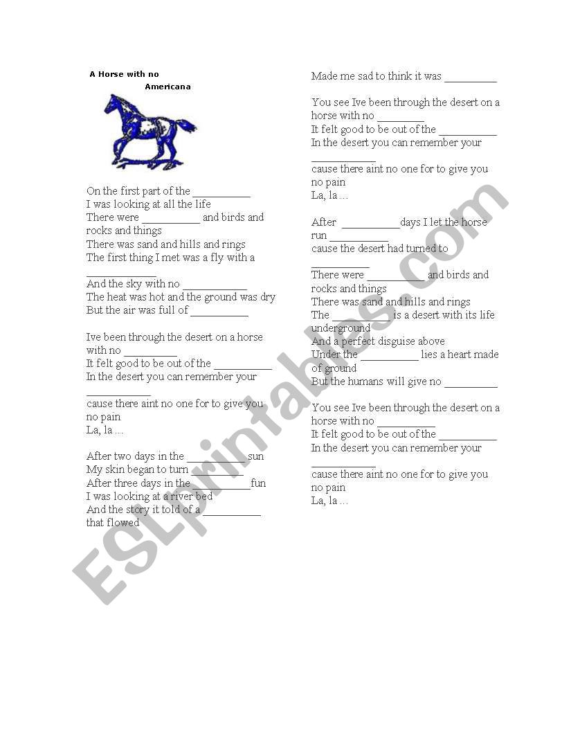 A Horse With No Name worksheet