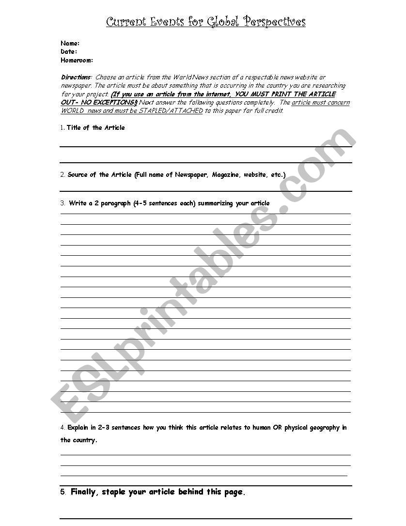 Current Events worksheet