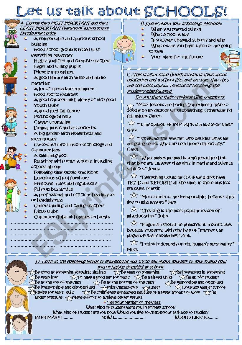 LET US TALK ABOUT SCHOOLS!!! SPEAKING ACTIVITIES.