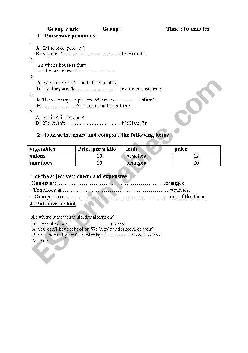 possossive pronouns worksheet