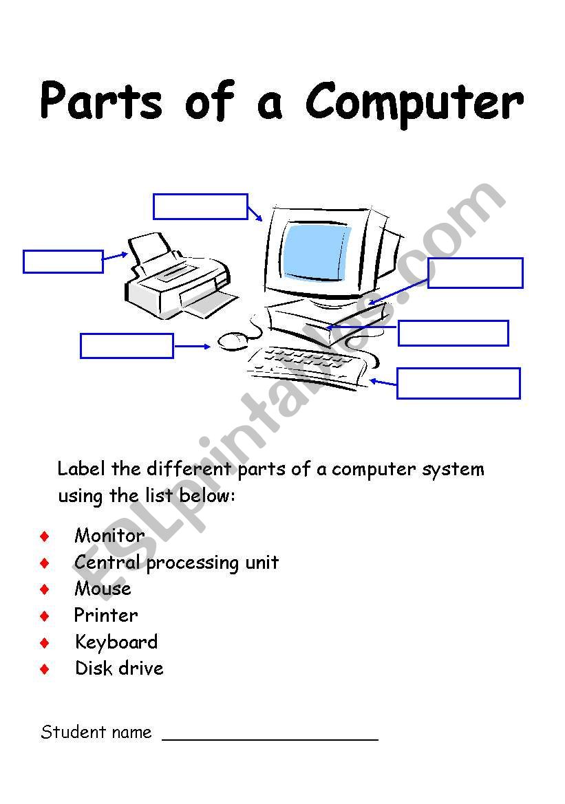 parts of a computer labelling exercise esl worksheet by ginette