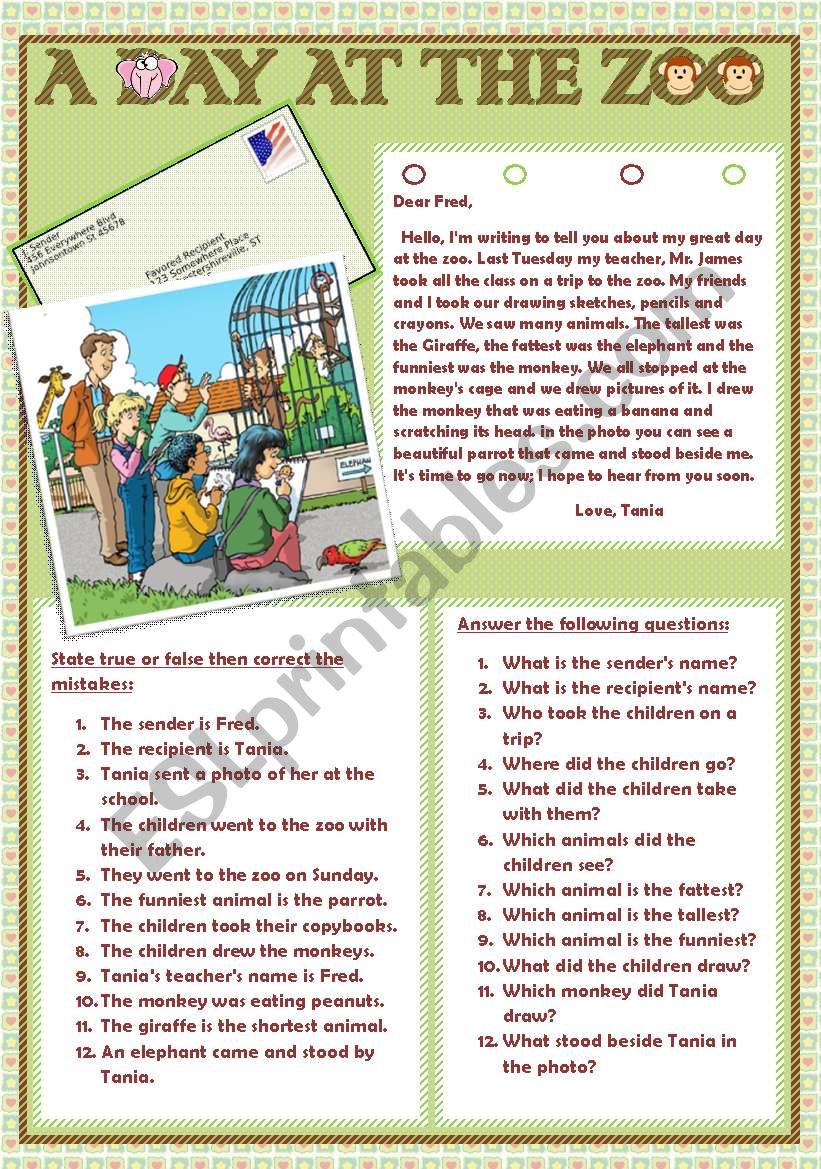 A DAY AT THE ZOO. worksheet
