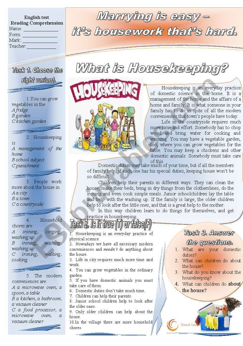 What is Housekeeping? worksheet