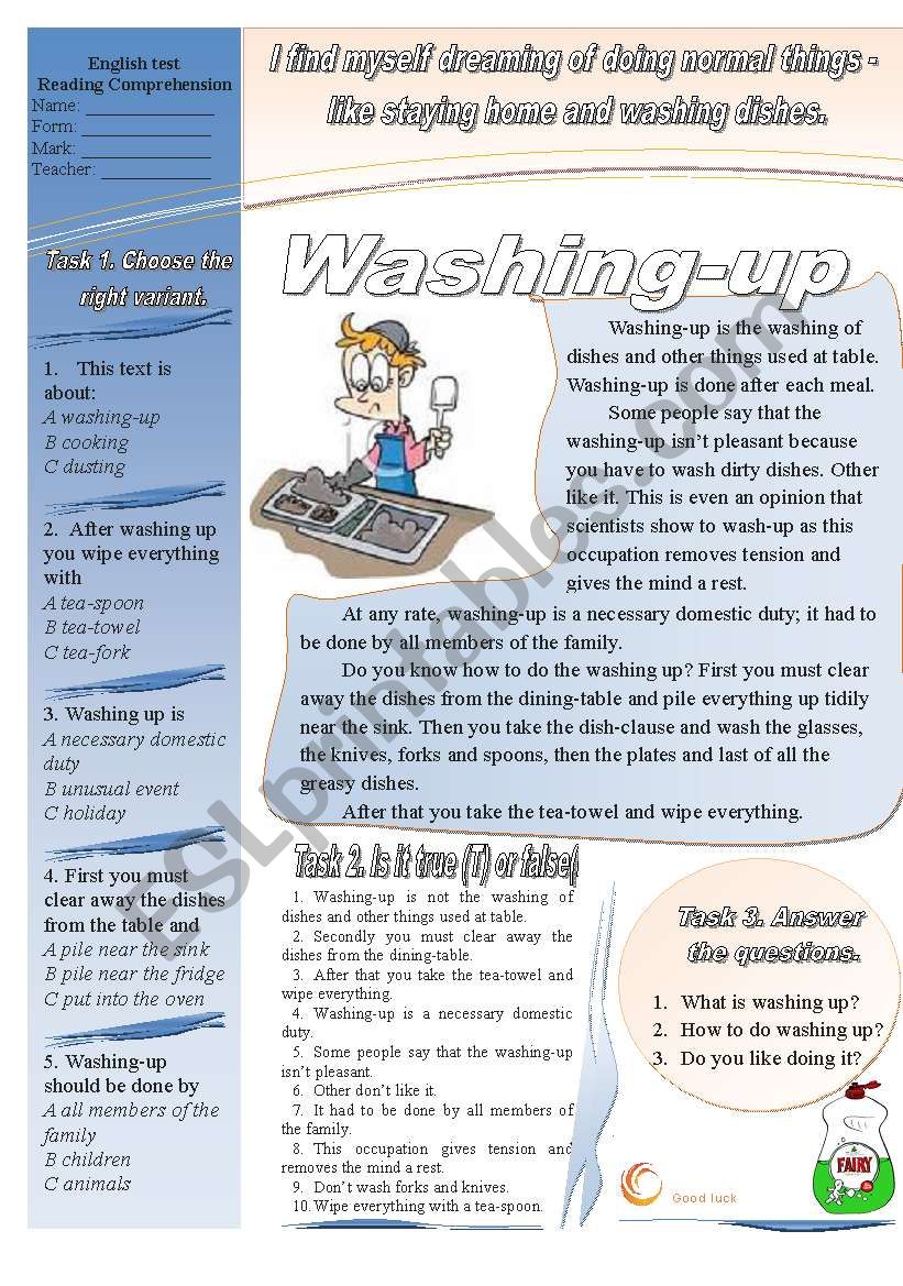 Washing-up worksheet