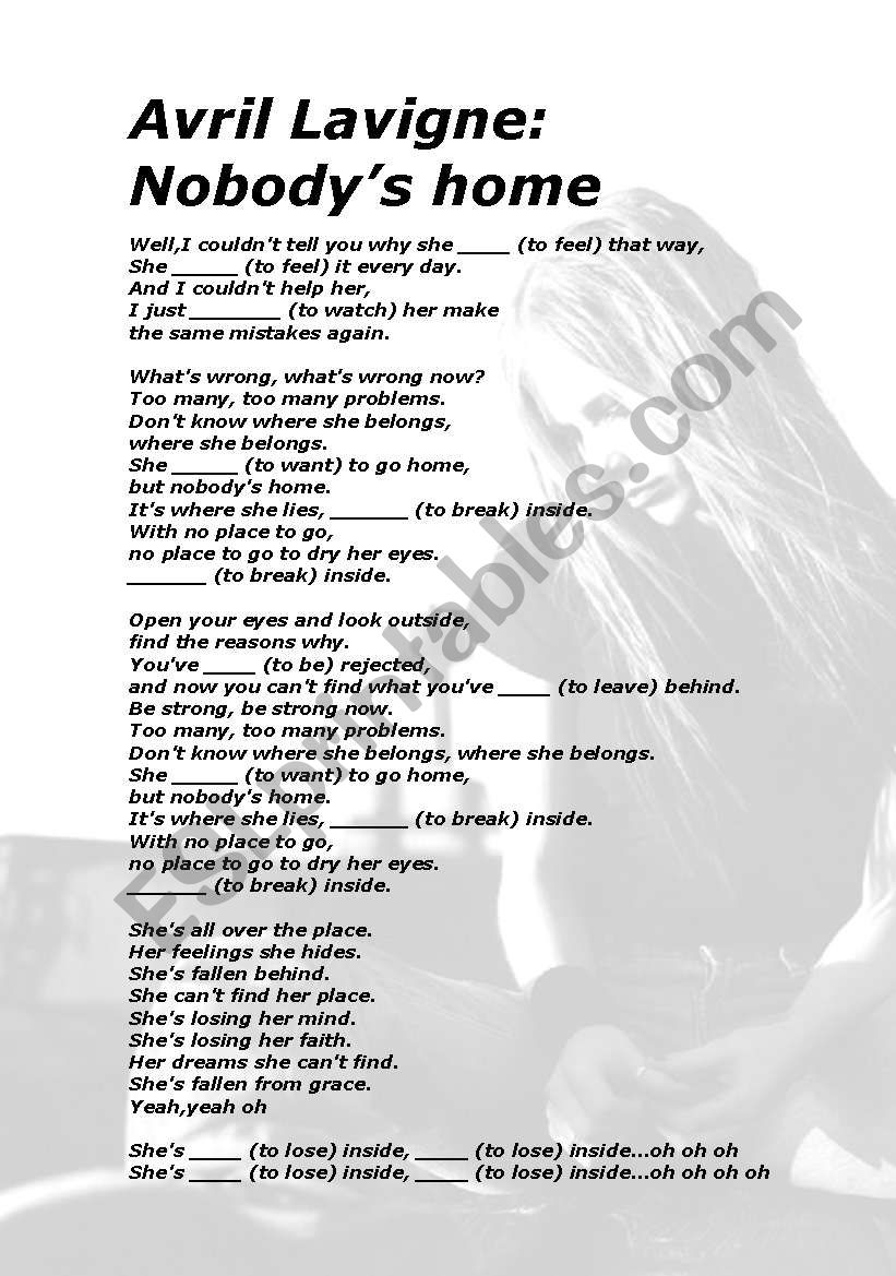 Avril Lavigne Nobodys Home worksheet