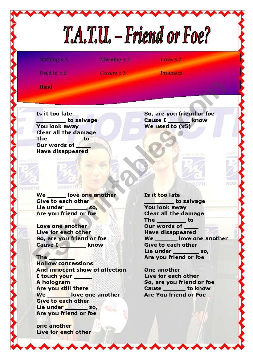 T.A.T.U. Friend or foe? Song worksheet