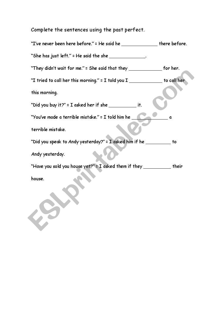 Past perfect exercises worksheet