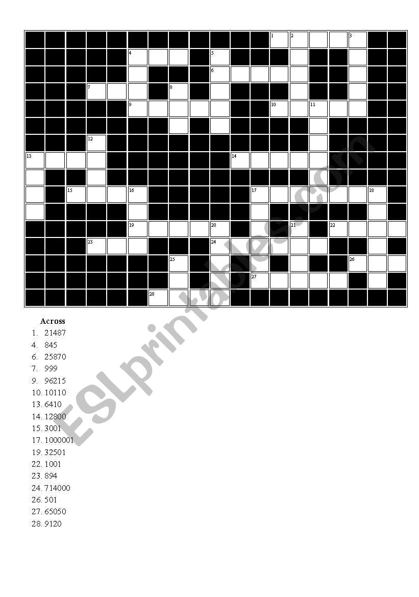 number crossword worksheet