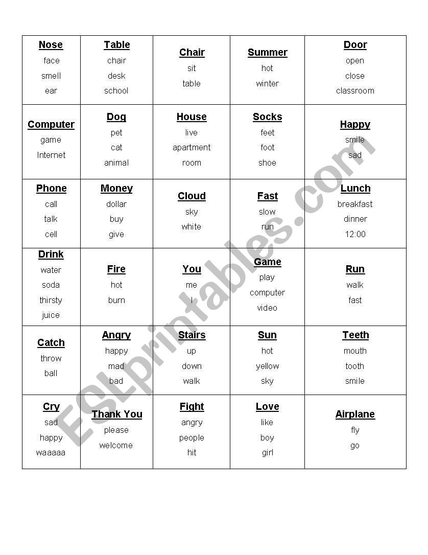 Taboo cards worksheet