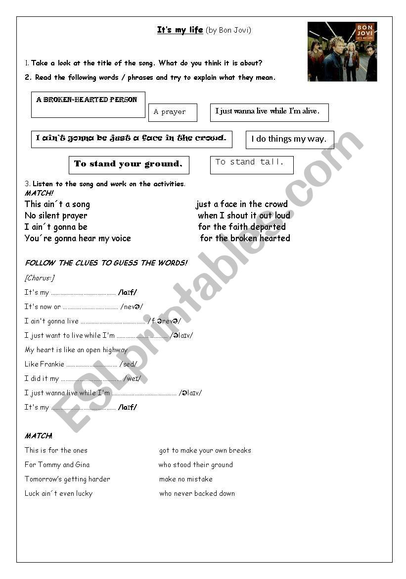 Song- Its my life (Bon Jovi) worksheet