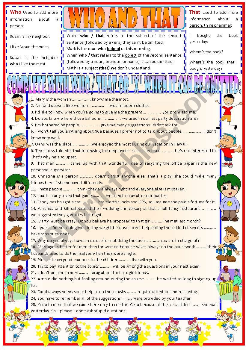 Who and that  relative pronouns  rules  examples  exercises  B&W version  teachers keys  3 pages  editable